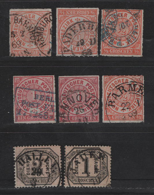 Lot 87 Germany - North German Confederation SC#3-4, O4-O5 1/3gr - 2gr Orange - Black & Buff , 1868-1870 Rouletted Numeral - Postage Dues, 8 Very Good/Fine/Very Fine Used Singles, Some Shade Variations Of the Orange & Different Cancels
