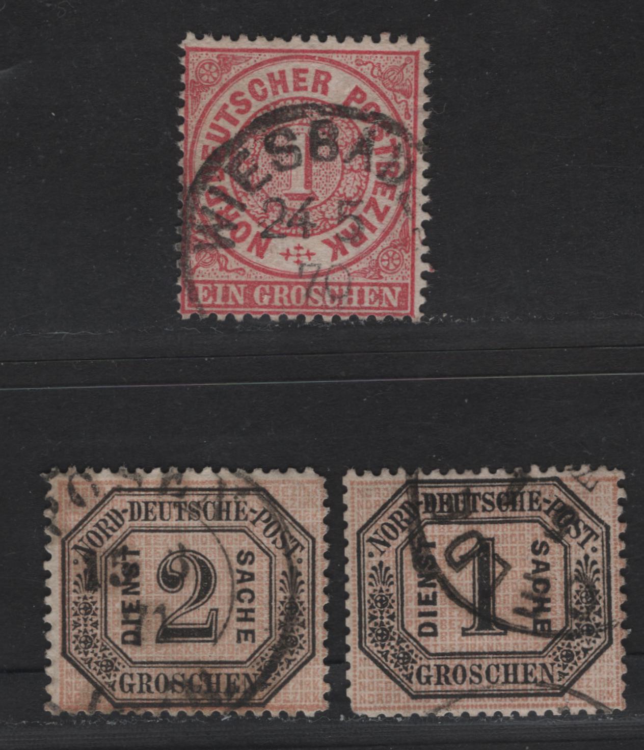 Lot 88 Germany - North German Confederation SC#16, O4-O5 1gr - 2gr Rose - Black & Buff , 1869-1870 Perforated Numeral & Postage Due Issues, 3 Fine/Very Fine Used Singles