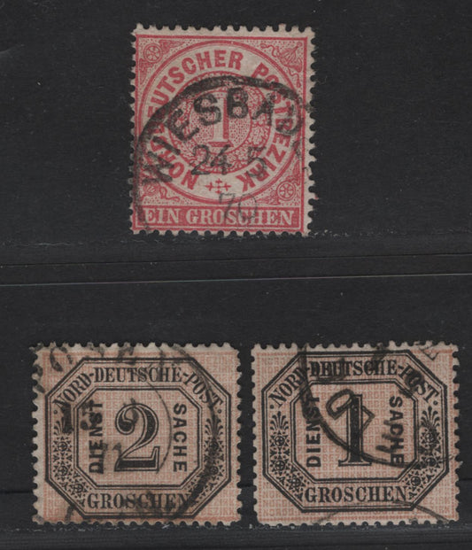 Lot 88 Germany - North German Confederation SC#16, O4-O5 1gr - 2gr Rose - Black & Buff , 1869-1870 Perforated Numeral & Postage Due Issues, 3 Fine/Very Fine Used Singles