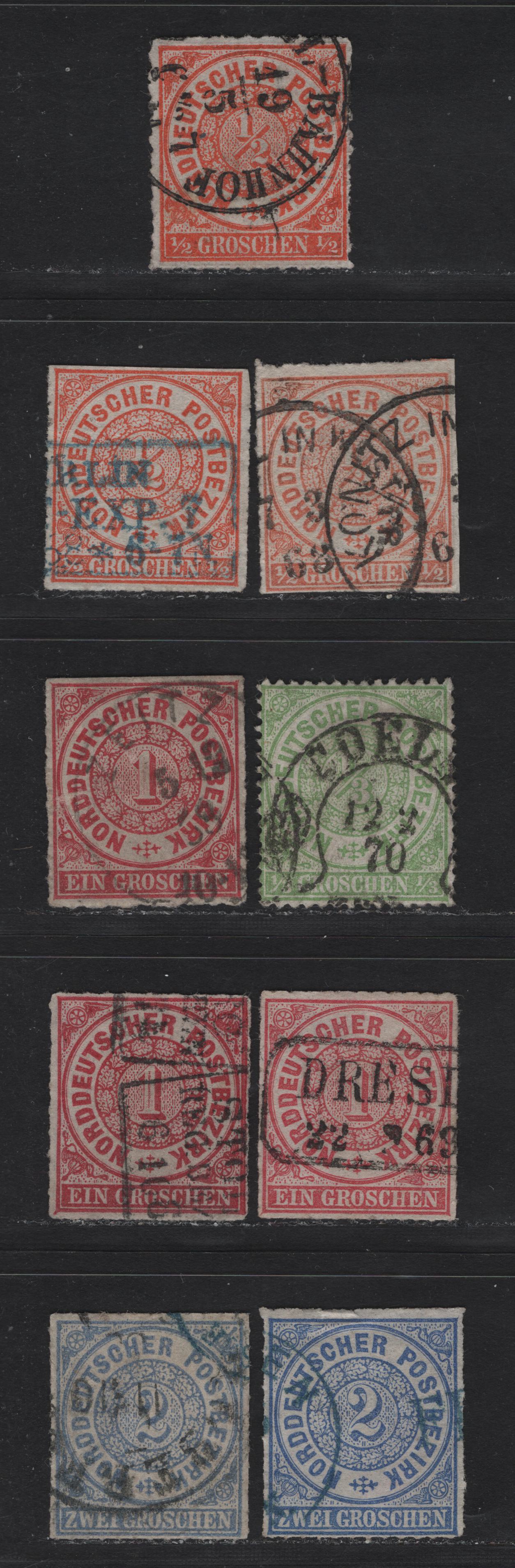 Lot 89 Germany - North German Confederation SC#3-5, 14 1/2gr - 1/3gr Orange - Green , 1868-1869 Rouleted Numeral Issues, 9 Very Good/Fine/Very Fine Used Singles, Showing Some Shade Variations, As Well As Different Cancels