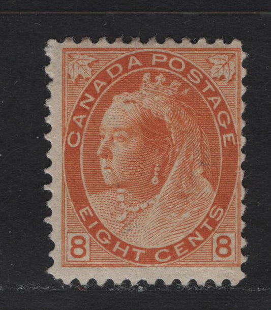 Lot 9 Canada (C) #82 8c Orange Queen Victoria, 1898-1902 Numeral Issue, A FOG Single, ABN-A Paper, Perf 12x11.9, 17.6x21.5mm Design.