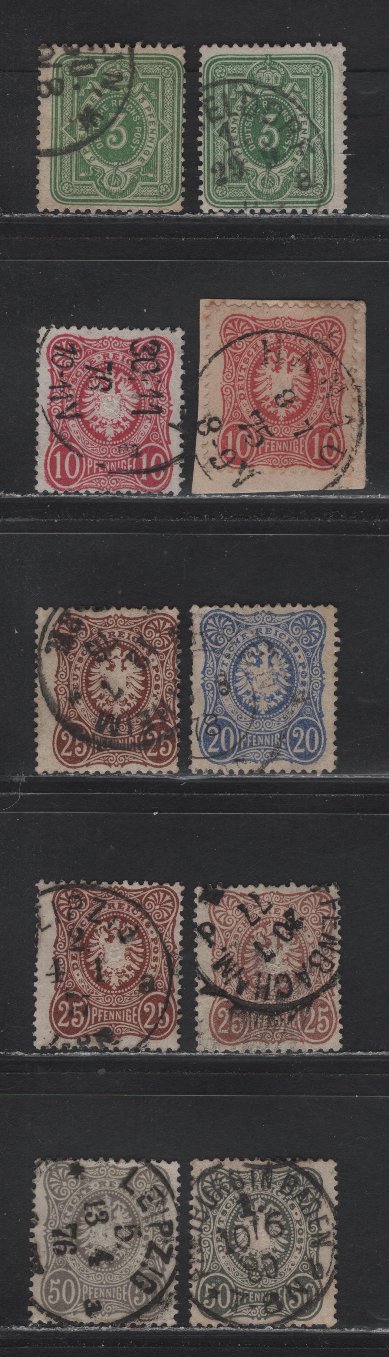Lot 94 Germany SC#29-a, 31-35 (Michel# 33a, 34a, 35a,aa,ab, 36a) 3pf - 50pf Bluish Green - Gray & Olive Gray , 1875-1877 Embossed Eagle & Numeral Issue, 10 Fine Used Singles, Final 'E' on Pfennige