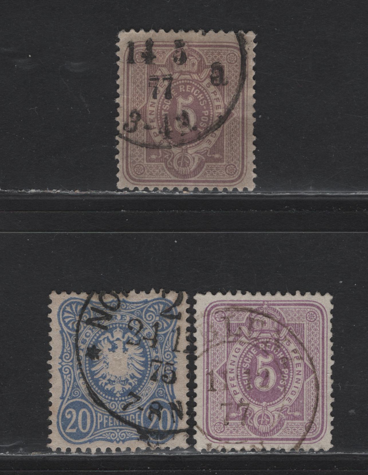 Lot 95 Germany SC#30, 32 5pf - 20pf Violet & Grayish Lialc - Ultramarine , 1875-1879 Embossed Eagle & Numeral Issue, 3 Very Good/Very Fine Used Singles, Final 'E' on Pfennige