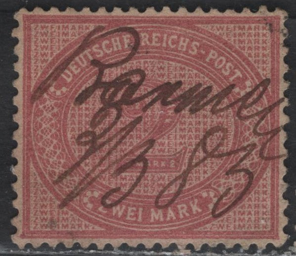 Lot 96A Germany SC#36d (Michel# 37c) 2m Medium Rose Lilac , 1875-1879 Embossed Eagle & Numeral Issue, A Fine Used Single, Pre November 17 1884 Printing, March 2 1883 Pen Cancel