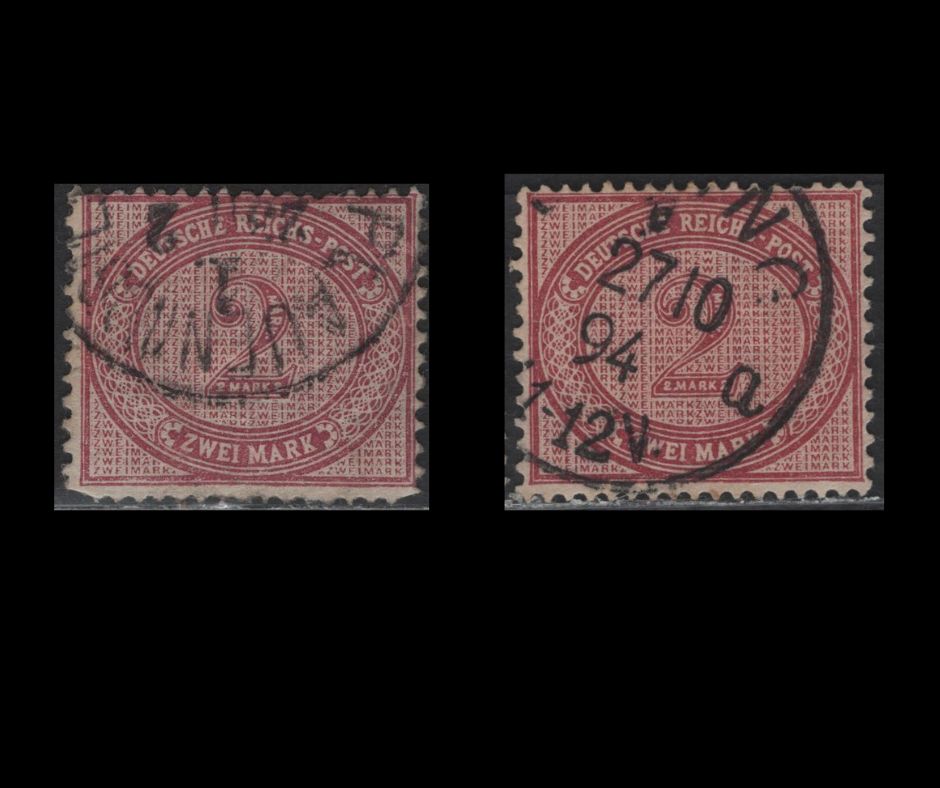 Lot 96D Germany SC#36, 36d (Michel# 37a, 37b) 2m Ruby Lilac & Dark Red Carmine , 1875-1890 Numeral Issue, 2 Fine/Very Fine Used Singles, CDS Cancels, Post Nov 17 1884 Printings