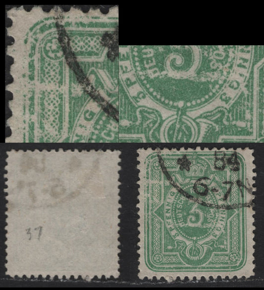 Lot 97 Germany SC#36bvar (Michel# 39Iavar) 3pf Medium Green , 1875-1890 Numeral Issue, A Fine Used Single, Showing Extensive Plate Damage, Unlisted In Michel, Which is Suprising, But Might Not Be Constant, 1884 CDS Cancel.