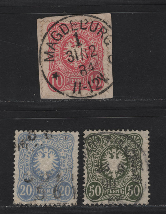 Lot 98 Germany SC#39b, 40, 42a (Michel# 41Ia, 42Ib, 44Iba) 10pf - 50pf Lively Rose Red - Dark Green Olive , 1880-1883 Embossed Eagle Issue, 3 Fine/Very Fine Used Singles, Without Final 'E' In Pfenning, SON Dec 31 1884 Magdeburg CDS