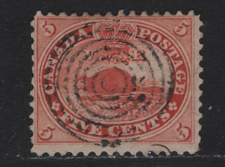 Lot 1 Canada (C) #15 5c Vermillion Beaver, 1859-1864 First Cents Issue, A Fine Used Single, Cents-ZZ Paper, Perf 11.9x12, Cancelled With SON 7 Ring Target.