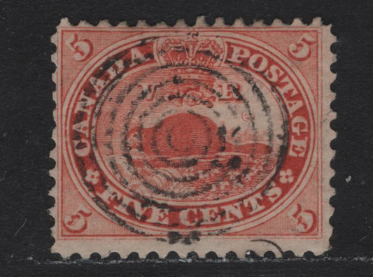Lot 1 Canada (C) #15 5c Vermillion Beaver, 1859-1864 First Cents Issue, A Fine Used Single, Cents-ZZ Paper, Perf 11.9x12, Cancelled With SON 7 Ring Target.