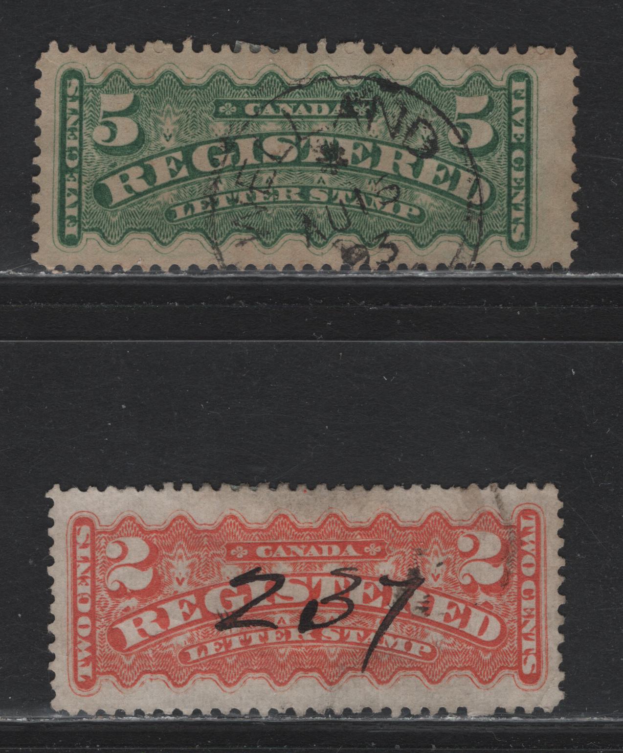 Lot 101 Canada (C) #F1, F2i 2c - 5c Dull Orange - Green , 1875-1896 Registration Issue, 2 Fine/Very Fine Used Singles, Montreal Printing On Hard, Stout Vertical Wove Paper, Perf 12x12.1 (2c), Early 2nd Ottawa Printing, Soft Vertical Wove Paper, Perf 12.