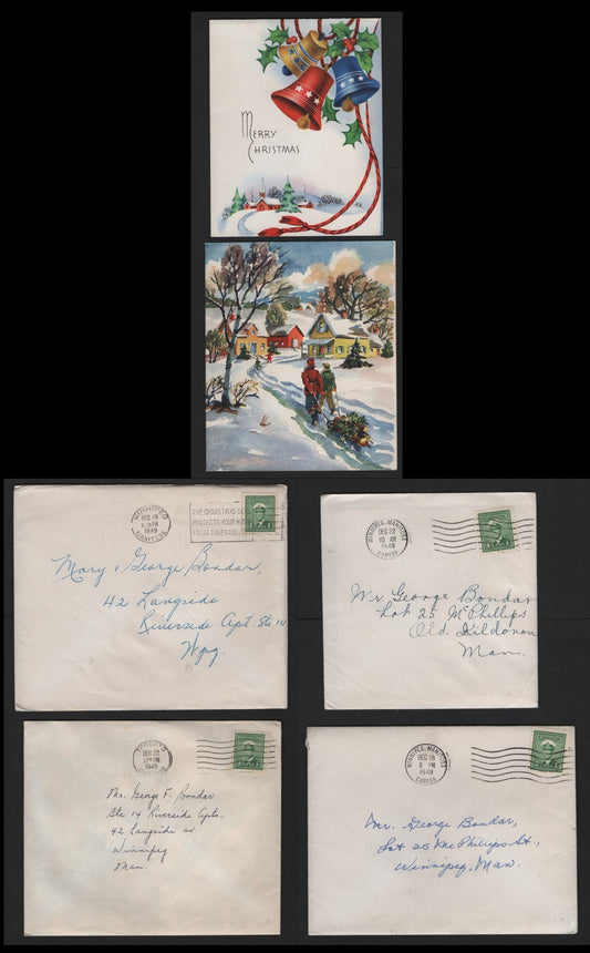 Lot 102 Canada #249 1c Green , 1942-1943 KGVI War Issue, 4 Fine Covers, Domestic Unsealed Envelopes, Containing A Christmas Card From 1949, Same Addresee In Winnipeg, 3 Sent Locally, One From Toronto.