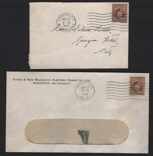 Lot 103 Canada #250 2c Brown , 1942-1943 KGVI War Issue, 2 Very Fine Covers, Franked With Singles, Sent Within Vancouver Nov 30 1942 (Paying 2c Local Rate) & 1943 Window Envelope Sent Locally Within Woodstock, NB