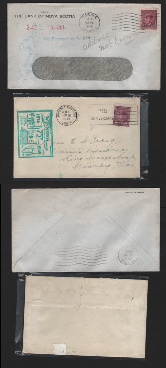 Lot 105 Canada (C) #252 3c Rose Violet , 1942-1943 KGVI War Issue, 2 Very Fine Covers, 3c Local Rate Returned Mail & 75th Anniv of Winnipeg Covers, Both Sent In 1949