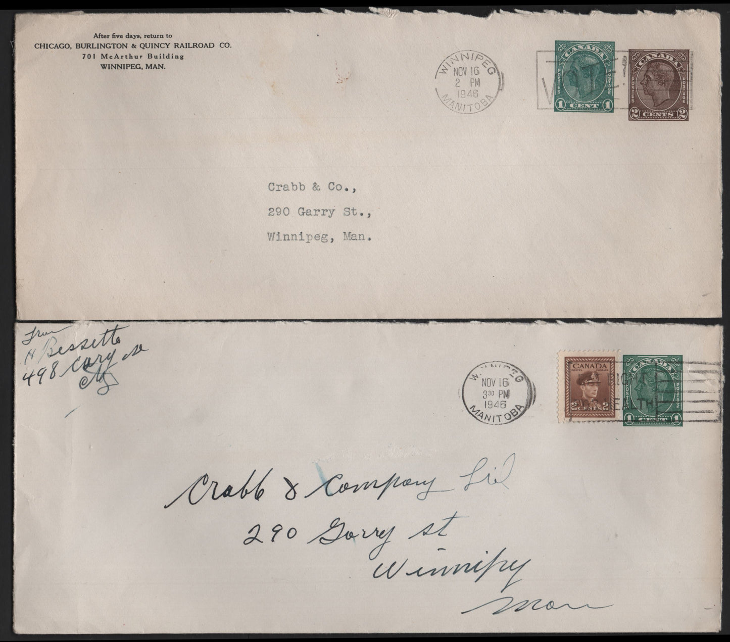 Lot 107 Canada #U49a, U57a 1c - 1c + 2c Green - Green & Brown ,  Postal Stationary Envelopes, 2 Fine/Very Fine Used Envelopes, Sent Locally Within Winnipeg In 1946