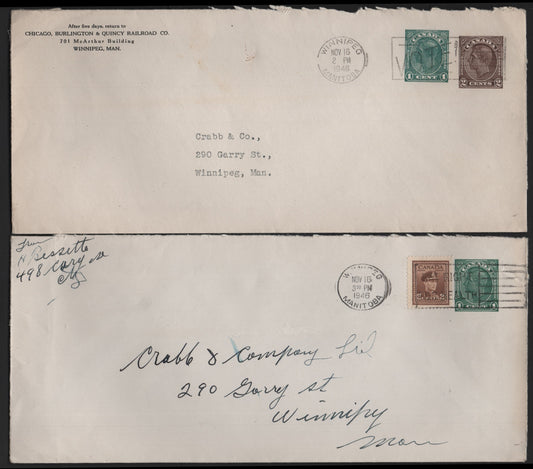 Lot 107 Canada #U49a, U57a 1c - 1c + 2c Green - Green & Brown ,  Postal Stationary Envelopes, 2 Fine/Very Fine Used Envelopes, Sent Locally Within Winnipeg In 1946