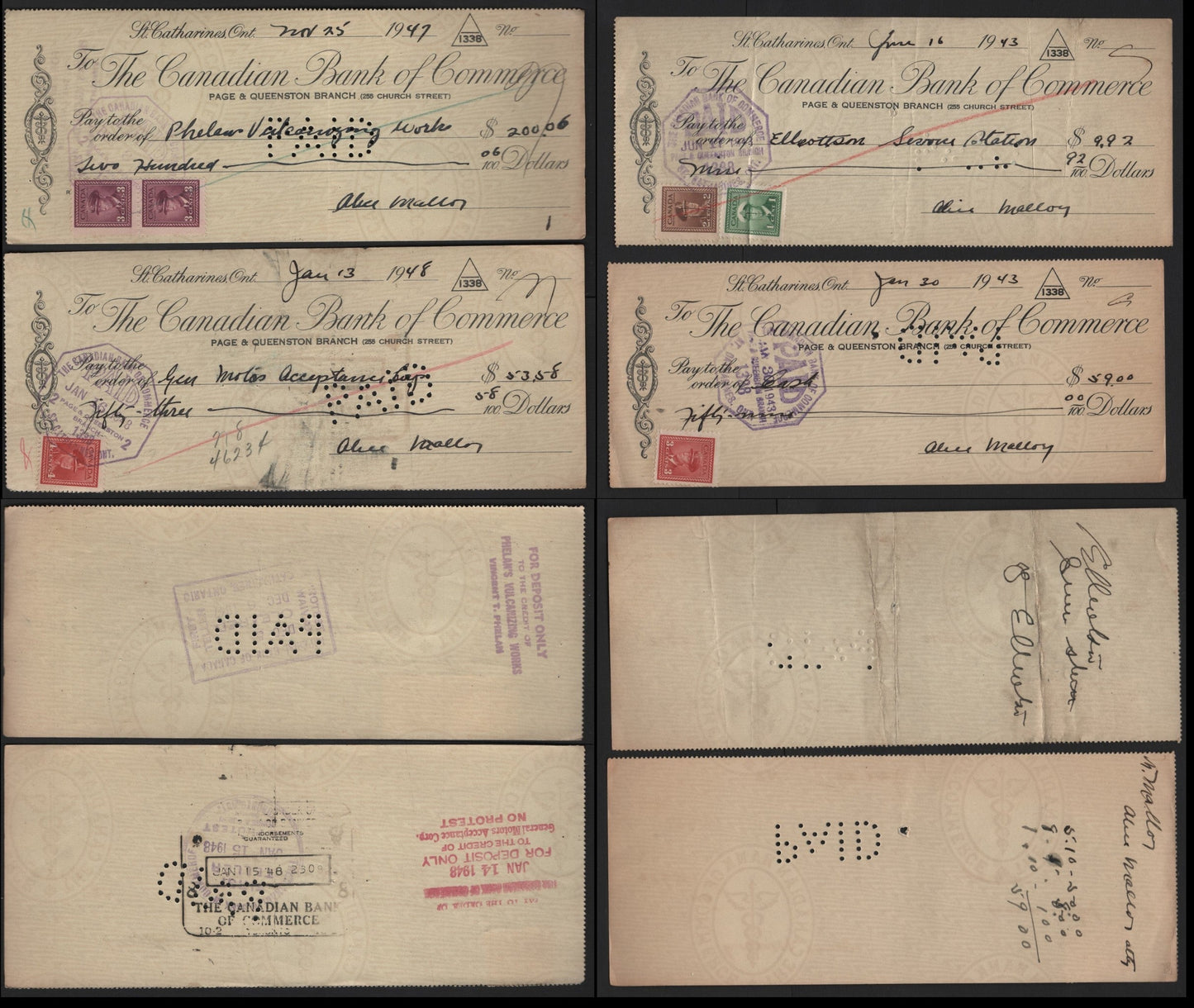 Lot 108 Canada #249-251, 254 1c - 4c Green - Carmine , 1942-1943 KGVI War Issue, 4 Fine/Very Fine Used Envelopes, Canadian Bank of Commerce Cheques In Place Of Excise Tax Stamps, Dated 1943, 1948 & 1947
