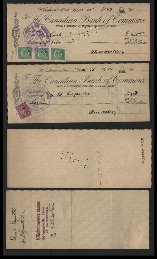 Lot 109 Canada #249, 252bs 1c - 3c Green - Rose Violet , 1942-1943 KGVI War Issue, 2 Very Fine Used Cheques, 1944 & 1949 Canadian Bank of Commerce Cheques, Sheet & Booklet Singles Used IN Place Of Excise Tax Stamps