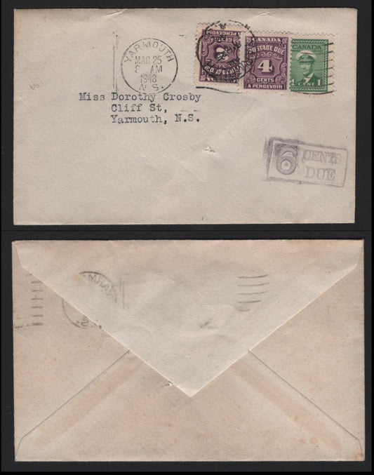 Lot 113 Canada #249, J16-J17 1c - 4c Green - Purple , 1942-1965 War - Postage Dues, A Fine Cover, Franked With 3 Singles, Shortpaid 4c Local Cover Sent Within Yarmouth