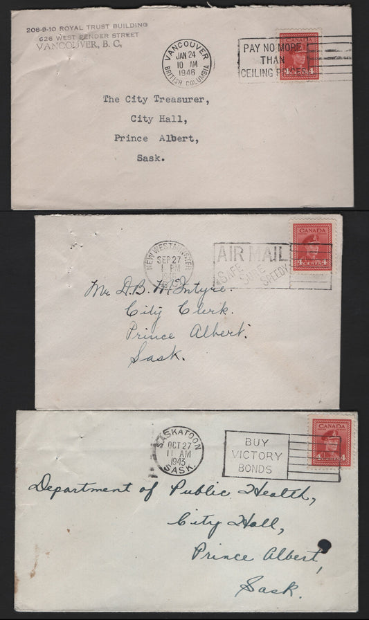 Lot 116 Canada #254 4c Carmine , 1942-1943 KGVI War Issue, 3 Very Fine Covers, Domestic Slogan Cancel, Sent Domestically To Saskatchewan, Tied By Different Slogan Cancel.