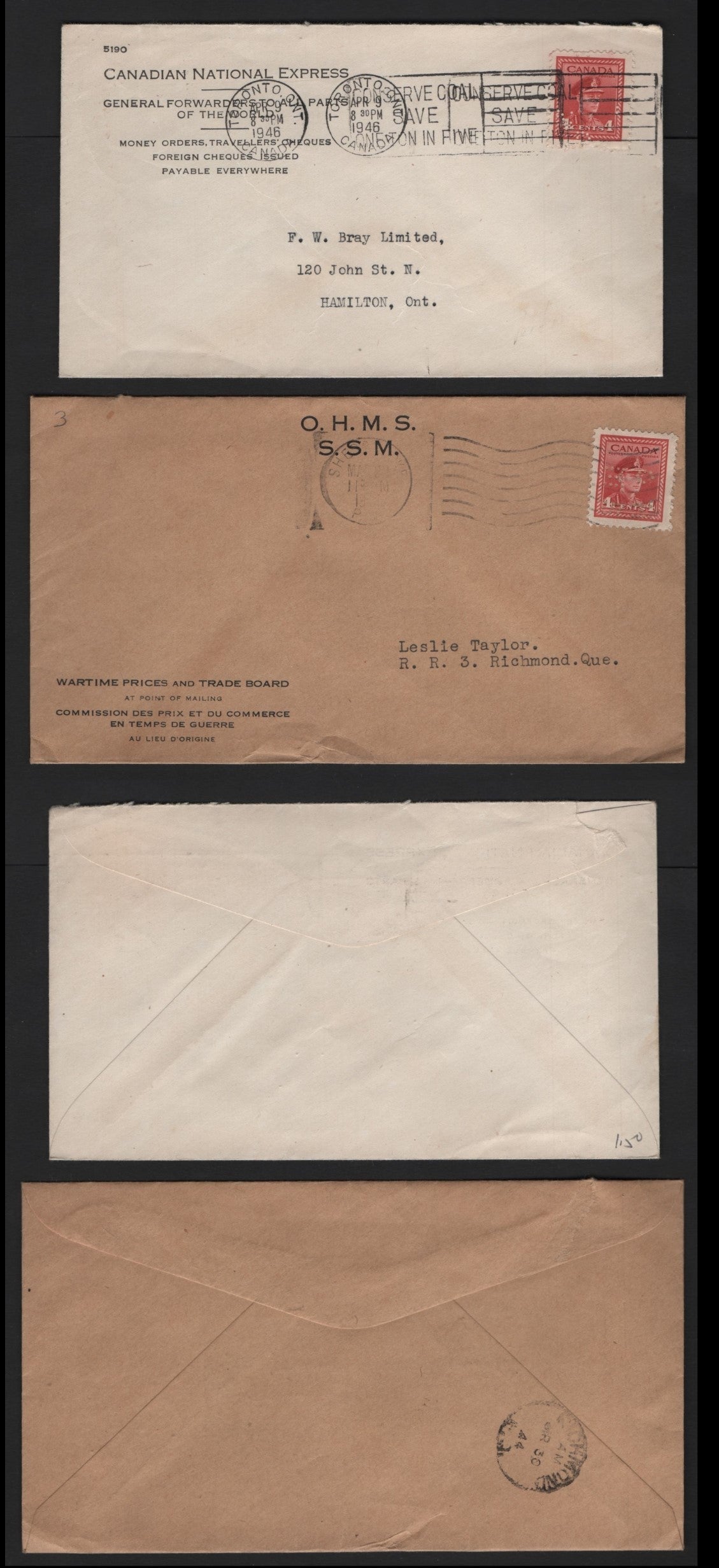 Lot 117 Canada #O9-254, 254var 4c Carmine , 1942-1943 KGVI War Issue, 2 Very Fine Covers, OHMS & CN Perfin Covers (4-Hole POS. 4 & CNR), Sent Domestically, Each Franked With A Single Perfin.