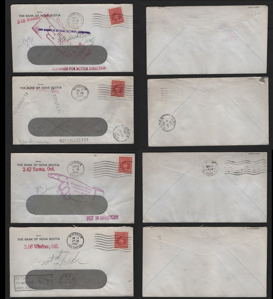 Lot 119 Canada (C) #254 4c Carmine , 1942-1943 KGVI War Issue, 4 Very Fine Covers, Returned Bank of Nova Scotia Covers, Originating from Sarnia & Windsor, Each Bearing Different Return Markings.