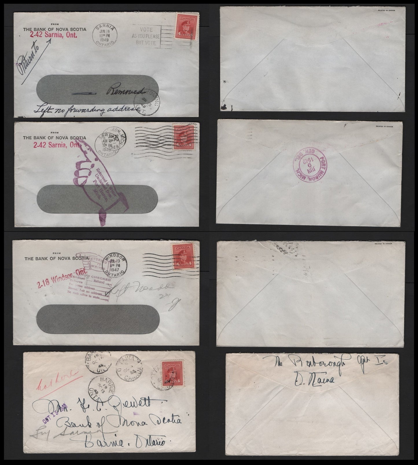 Lot 120 Canada (C) #254 4c Carmine , 1942-1943 KGVI War Issue, 4 Fine/Very Fine Covers, Similar to Lot 119, But Slightly Different Forwarding Markings