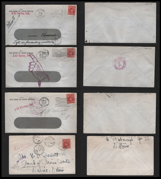 Lot 120 Canada (C) #254 4c Carmine , 1942-1943 KGVI War Issue, 4 Fine/Very Fine Covers, Similar to Lot 119, But Slightly Different Forwarding Markings