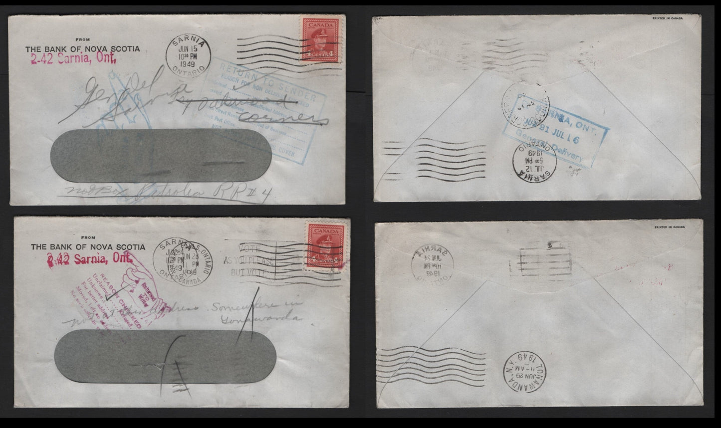Lot 121 Canada (C) #254 4c Carmine , 1942-1943 KGVI War Issue, 2 Very Fine Covers, Twice Redirected Bank of Nova Scotia, One to US & One Domestic, Both Showing Initial Redirection Instructions, Crossed Out When Those Attempts Failed.