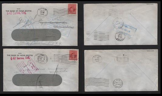 Lot 121 Canada (C) #254 4c Carmine , 1942-1943 KGVI War Issue, 2 Very Fine Covers, Twice Redirected Bank of Nova Scotia, One to US & One Domestic, Both Showing Initial Redirection Instructions, Crossed Out When Those Attempts Failed.
