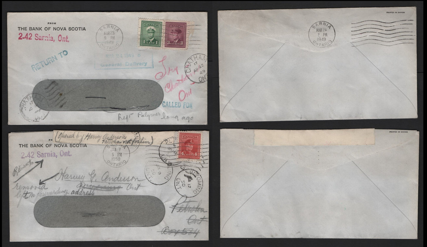 Lot 122 Canada (C) #249, 252, 254 1c - 4c Green - Carmine , 1942-1943 KGVI War Issue, 2 Very Fine Covers, Thrice & Twice Redirected Bank of Nova Scotia Covers, Sarnia To Palymer & Sarnia to Wyomig, ON