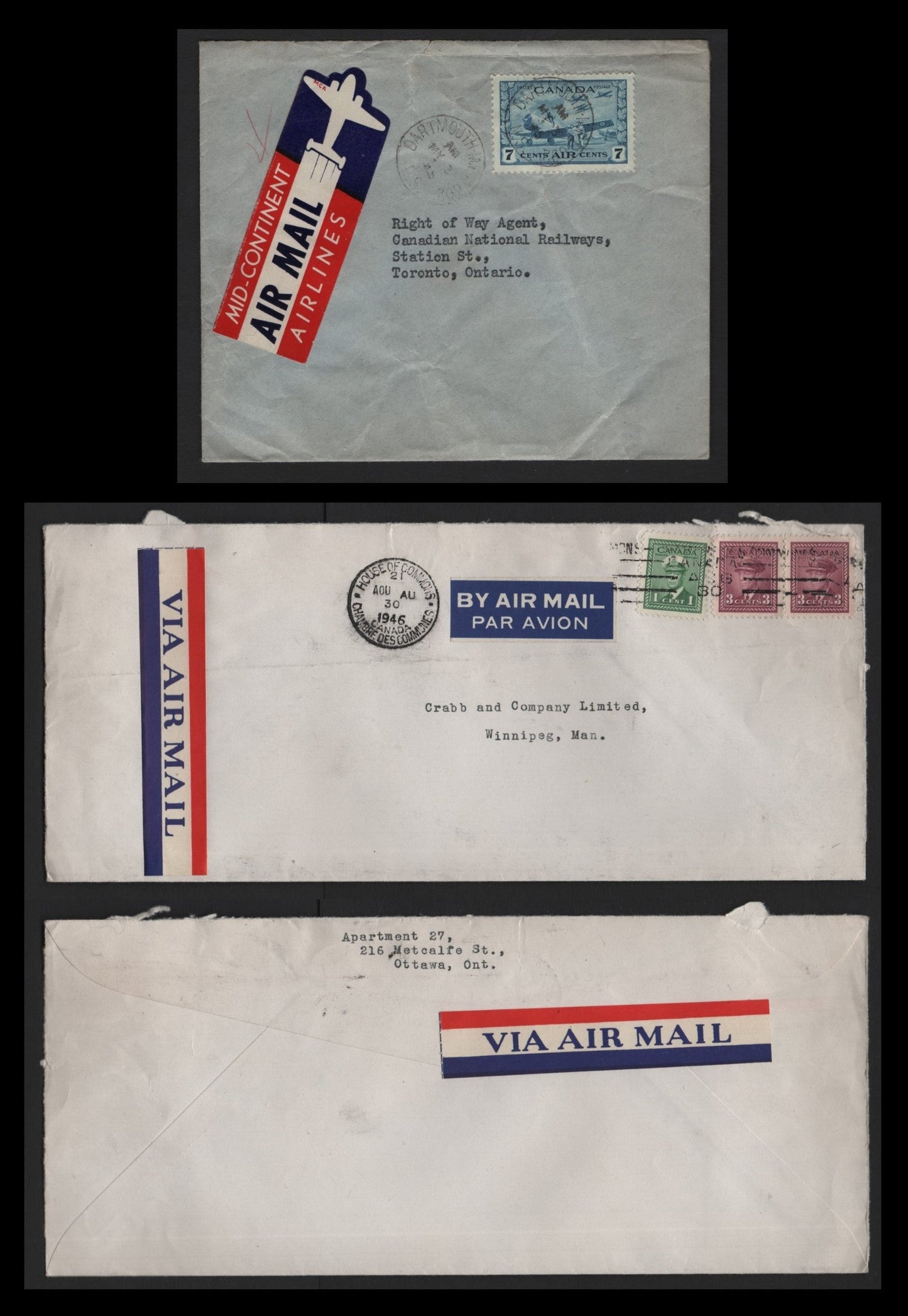 Lot 124 Canada (C) #249, 252, C8 1c - 7c Green -Blue , 1942-1943 KGVI War & Airmail Issues, 3 Fine/Very Fine Covers, 1945-1946 Airmail Covers, First Cover Sent From House of Commons On Aug 30 1946, 2nd From Dartmouth Military Post Office 602 to Toronto.