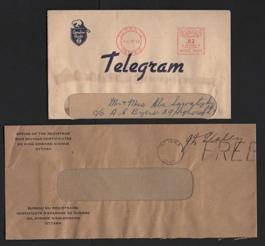 Lot 126 Canada, 1949 Canadian Pacific Telegram & Free Mail Envelope for War Savings Certificates, A Very Fine Used Envelope, Free Mail Cancel Is An Undated Ottawa Cancel With Postmaster Signature
