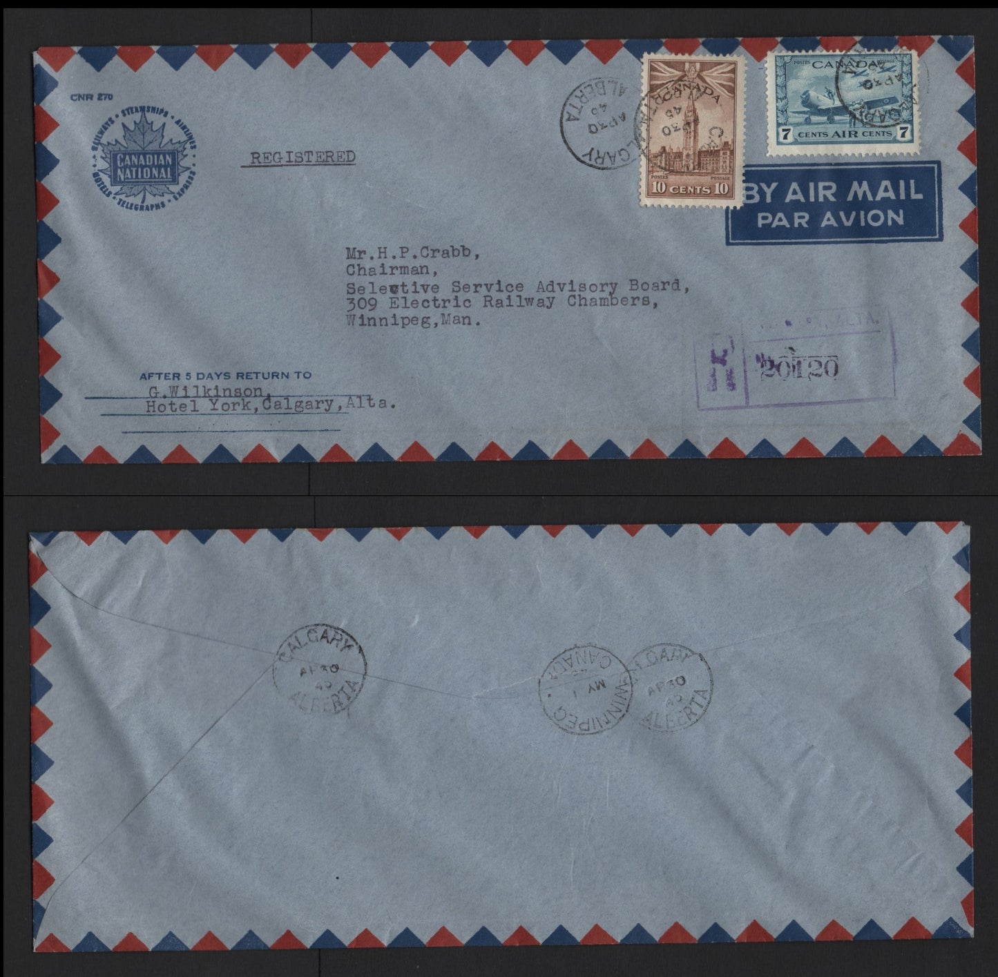 Lot 130 Canada #257, C8 7c - 10c Blue - Brown , 1942-1943 KGVI War - Airmail Issues, A Very Fine Cover, Combination Use On 1943 Registered Airmail Cover From Calgary to Winnipeg, Canadian National Airmail Envelope Airmail, Crisp Condition.