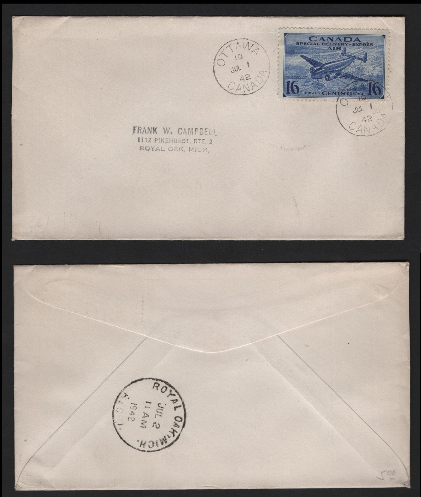 Lot 133 Canada #CE1 16c Dark Ultramarine , 1942-1943 Airmail Special Delivery Issue, A Very Fine Cover, FDC Without Any Cachet, July 1 1942 Ottawa