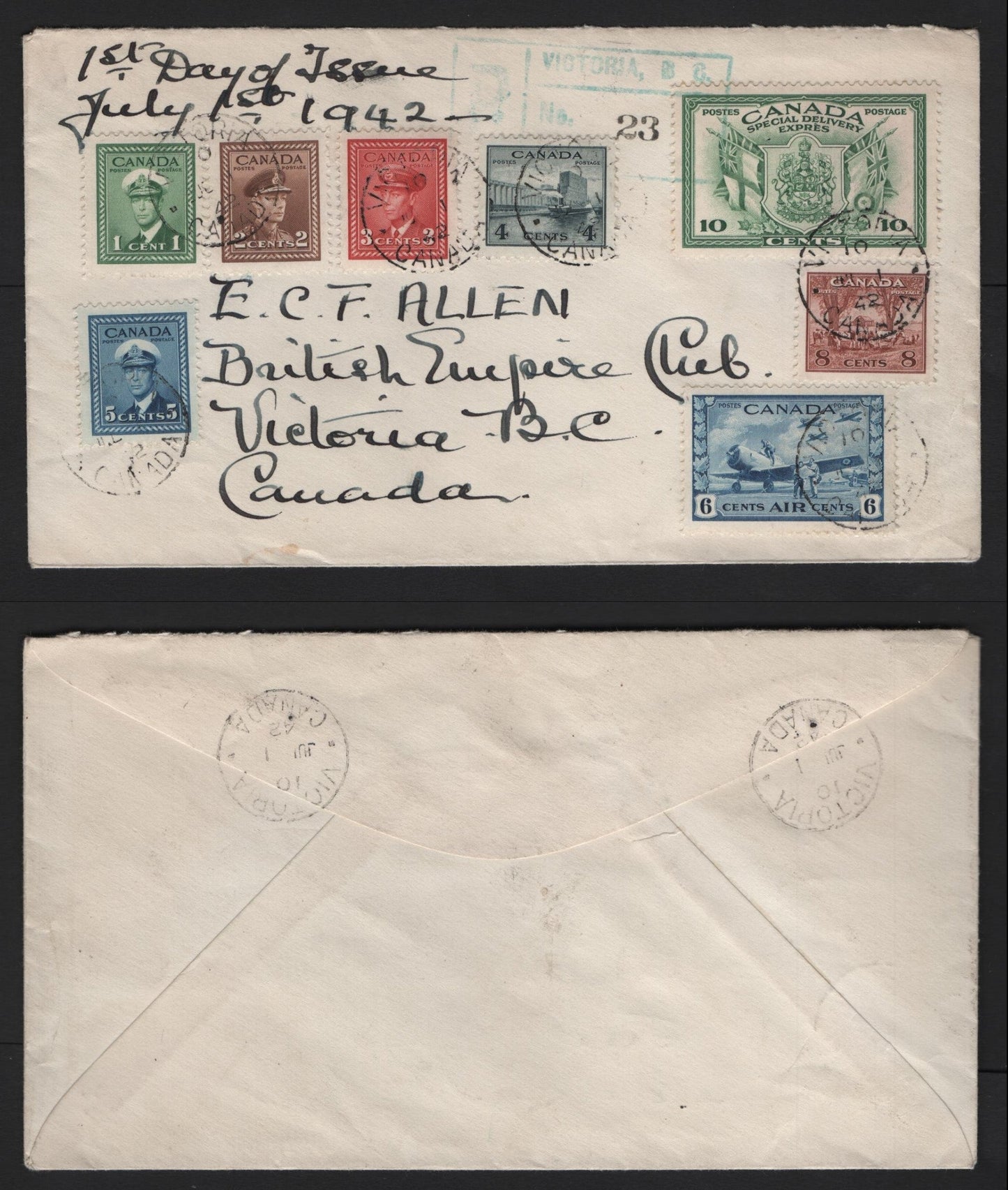 Lot 134 Canada #249-251, 253, 255-256, C7, E10 1c - 10c Green , 1942-1943 KGVI War - Airmail Special Delivery Issues, A Very Fine Cover, Registered FDC, Sent Within Victoria, BC, No Cachet, But Beautifully Franked.