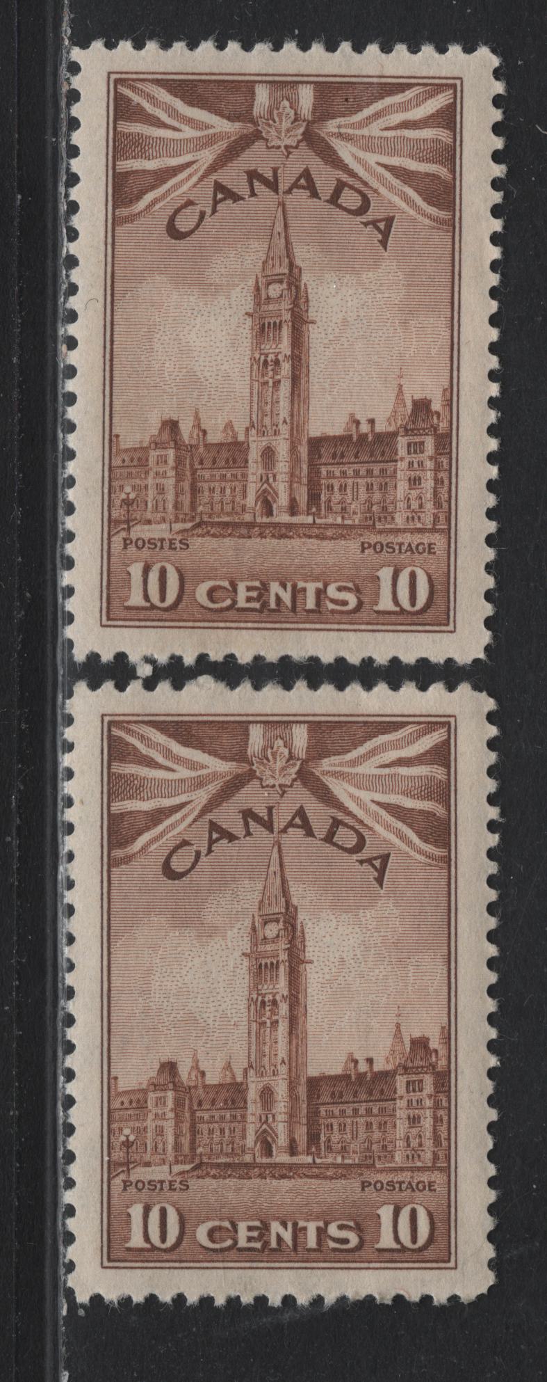 Lot 138 Canada #257 10c Very Pale Yellowish Brown Parliament Building, 1942-1943 KGVI War Issue, 2 VFNH Singles, CBN-NNNN Paper, Perfs 11.95x12 & 12