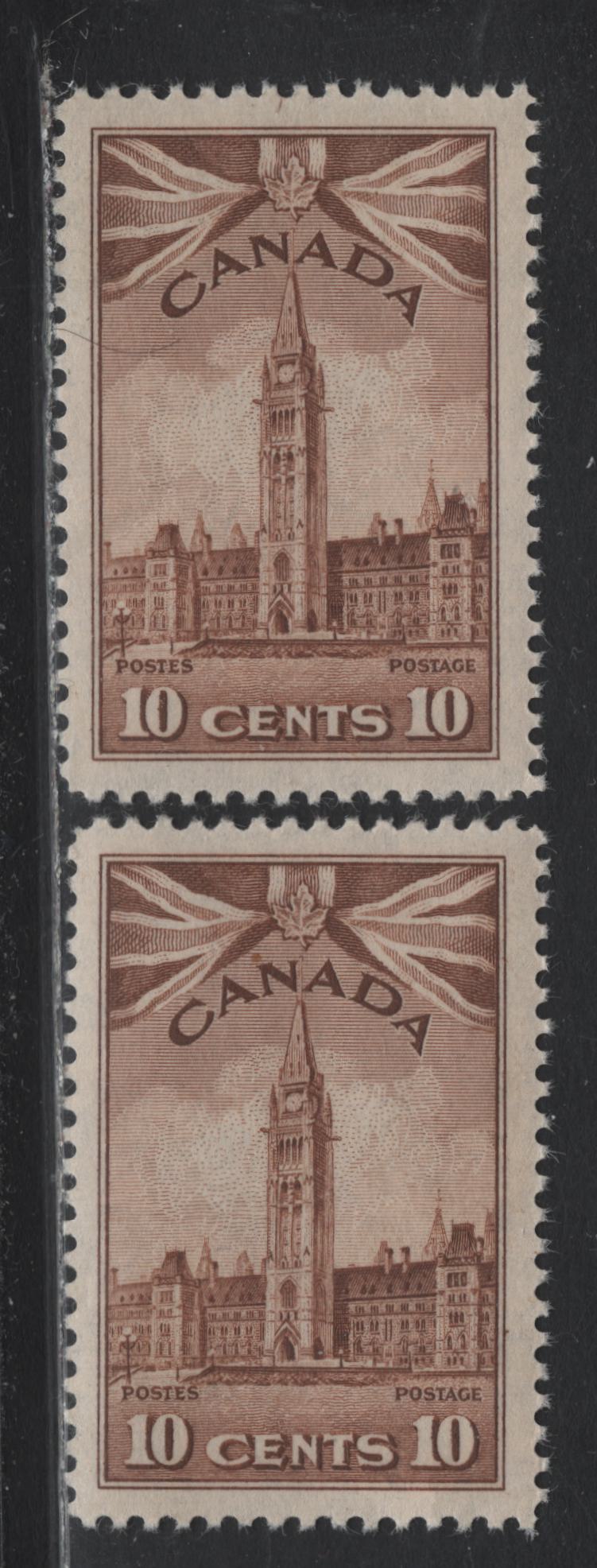 Lot 139 Canada #257 10c Very Pale Yellowish Brown Parliament Building, 1942-1943 KGVI War Issue, 2 VFNH Singles, CBN-NNNN Paper, Perfs 11.95x12 & 12, One With Gum Bend.