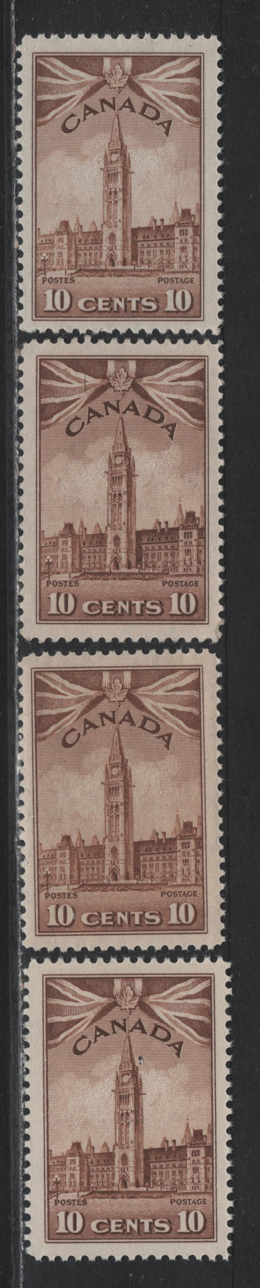 Lot 141 Canada #257 10c Deep Chocolate Brown - Very Pale Brown Parliament Building, 1942-1943 KGVI War Issue, 4 VFNH Singles, CBN-KKKK, CBN-LLLL & CBN-MMMM Papers, Perfs 12, 11.9x12, 11.8x11.9 & 12