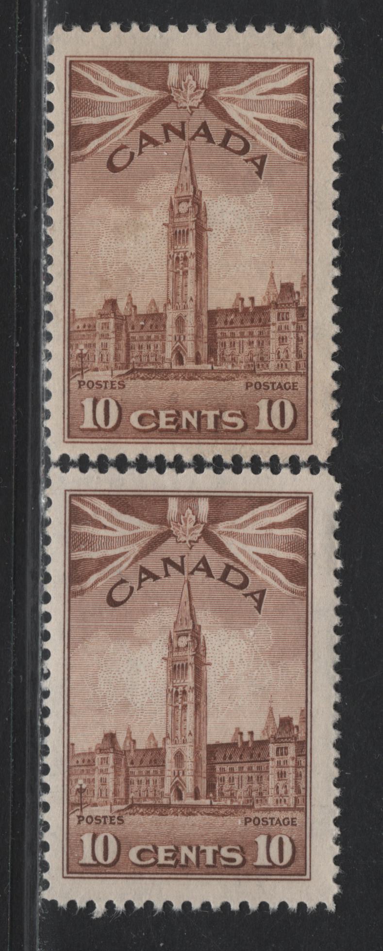Lot 143 Canada (C) #257 10c Very Pale Reddish Chocolate - Pale Pinkish Chocolate Parliament Building, 1942-1943 KGVI War Issue, 2 FNH Singles, CBN-MMMM & CBN-NNNN Papers, Perfs 11.8x11.9 & 11.9x12