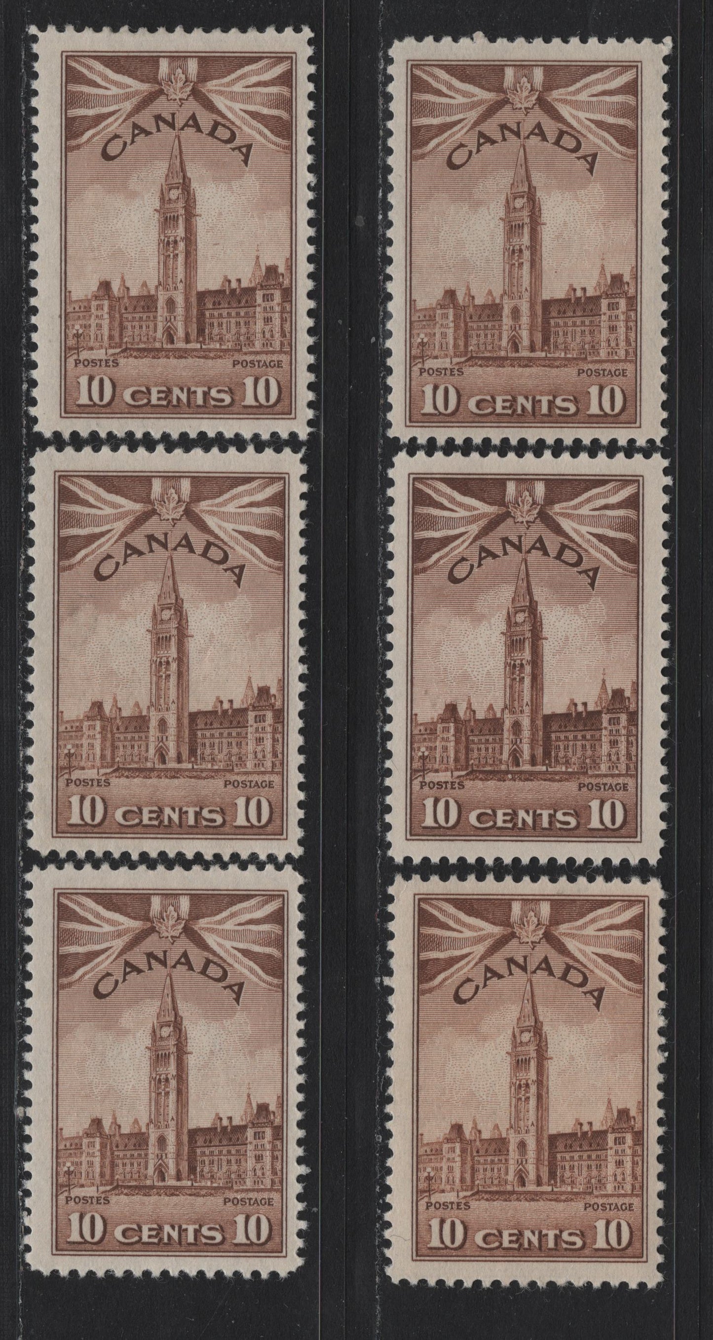 Lot 144 Canada (C) #257 10c Brown - Brighter Brown Parliament Building, 1942-1943 KGVI War Issue, 6 F/VFOG Singles, CBN-QQQ, CBN-KKKK & CBN-OOOO Papers, Perfs 11.9, 12 & 12x11.95