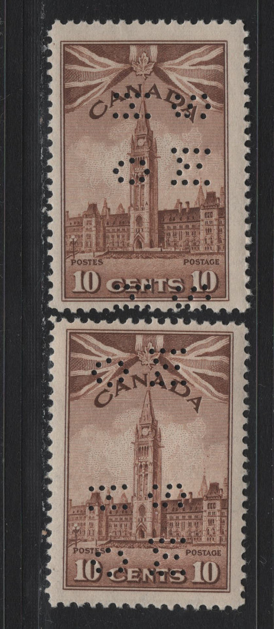 Lot 145 Canada (C) #O9-257 - O10-257 10c Brighter Brown - Pale Reddish Chocolate Parliament Building, 1942-1943 KGVI War Issue, 2 FNH Singles, CBN-OOOO & CBN-NNNN Papers, Perfs 11.9 & 12x11.9, Both Dies, POS. 2 4 Hole OHMS.
