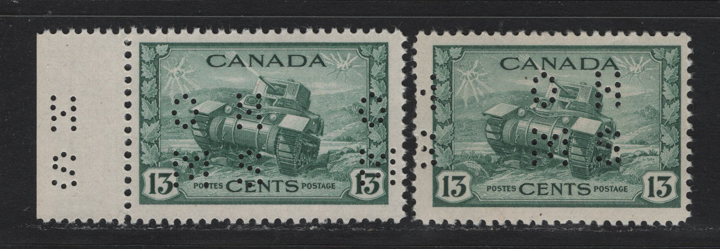 Lot 147 Canada (C) #O9-258 13c Myrtle Green Ram Tank, 1942-1943 KGVI War Issue, 3 FOG/NH Singles, 4-Hole OHMS Perfin, Original Die, POS. 1, CBN-QQQQ & CBN-TTTT Papers, Perfs 11.9 & 11.95x11.9.
