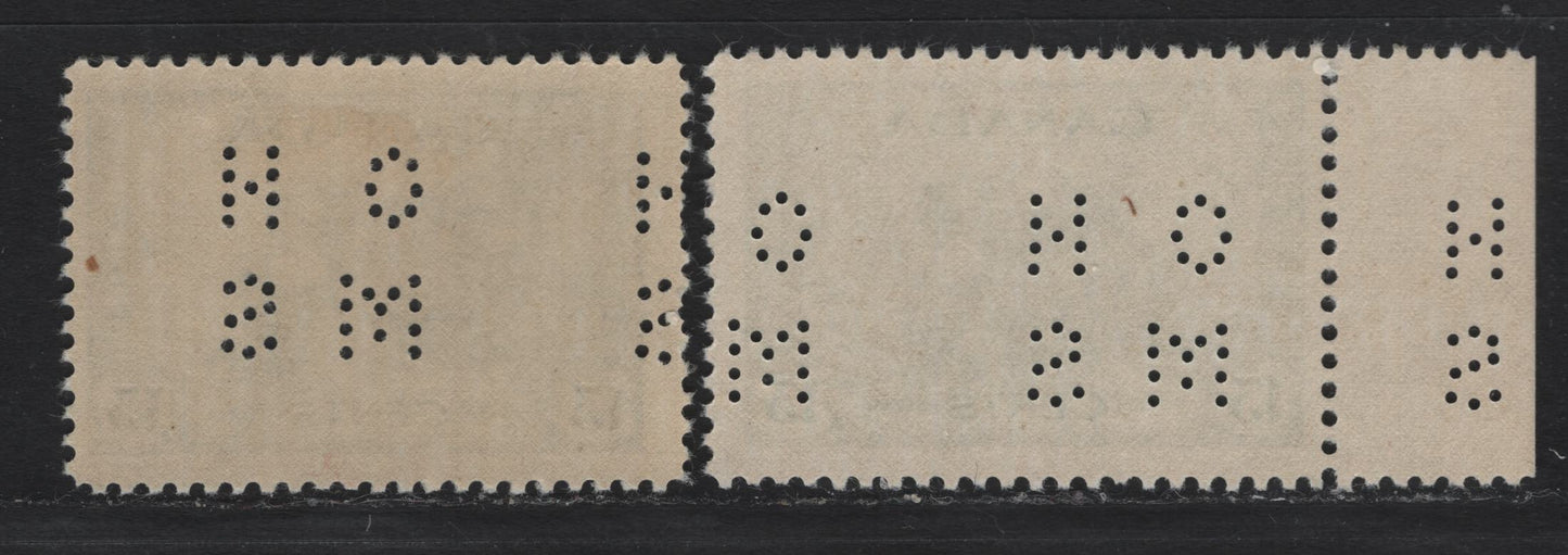 Lot 147 Canada (C) #O9-258 13c Myrtle Green Ram Tank, 1942-1943 KGVI War Issue, 3 FOG/NH Singles, 4-Hole OHMS Perfin, Original Die, POS. 1, CBN-QQQQ & CBN-TTTT Papers, Perfs 11.9 & 11.95x11.9.