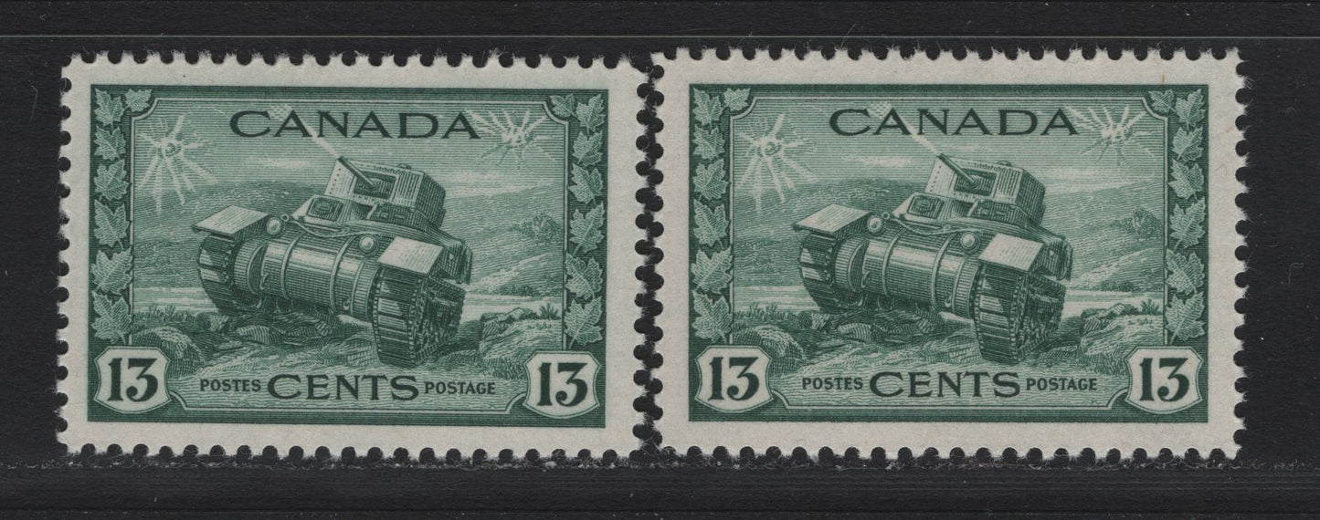 Lot 149 Canada (C) #258 13c Deep Myrtle Green Ram Tank, 1942-1943 KGVI War Issue, 2 VFNH Singles, Paper CBN-PPPP, Perfs 11.9 & 11.95x11.9