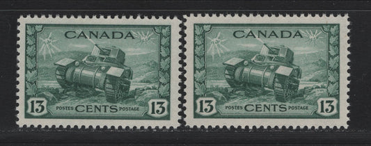 Lot 149 Canada (C) #258 13c Deep Myrtle Green Ram Tank, 1942-1943 KGVI War Issue, 2 VFNH Singles, Paper CBN-PPPP, Perfs 11.9 & 11.95x11.9