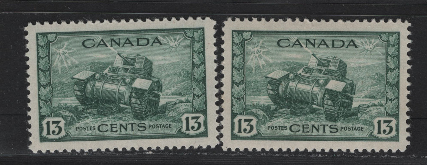 Lot 150 Canada (C) #258 13c Myrtle Green - Deep Myrtle Green Ram Tank, 1942-1943 KGVI War Issue, 3 VFNH Singles, CBN-PPPP Paper, Perfs 11.95 & 11.85x12