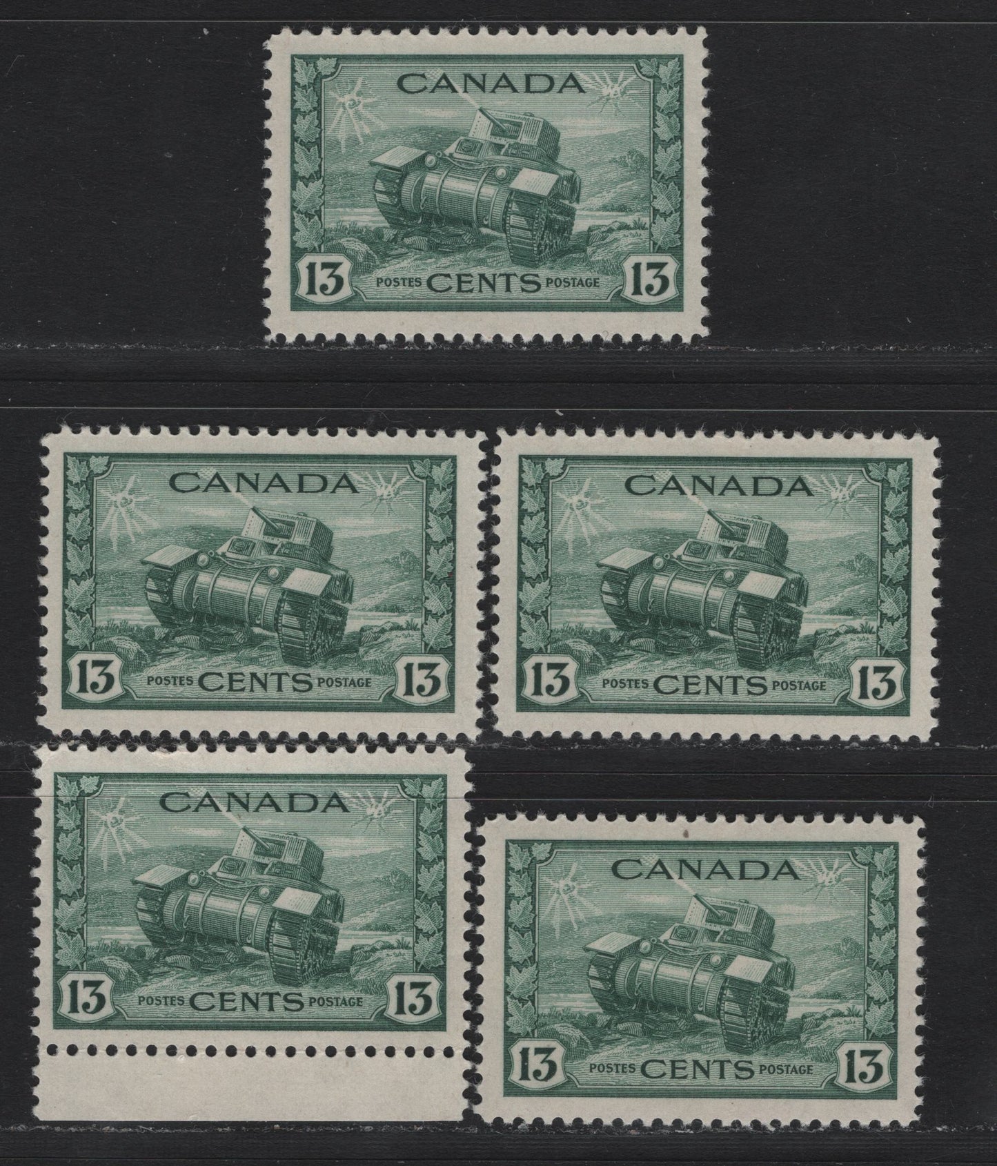 Lot 154 Canada #258 13c Myrtle Green Ram Tank, 1942-1943 KGVI War Issue, 5 VFOG Singles, CBN-PPPP Paper, Perfs 11.9, 12x11.95, 11.9x12 & 11.95x12