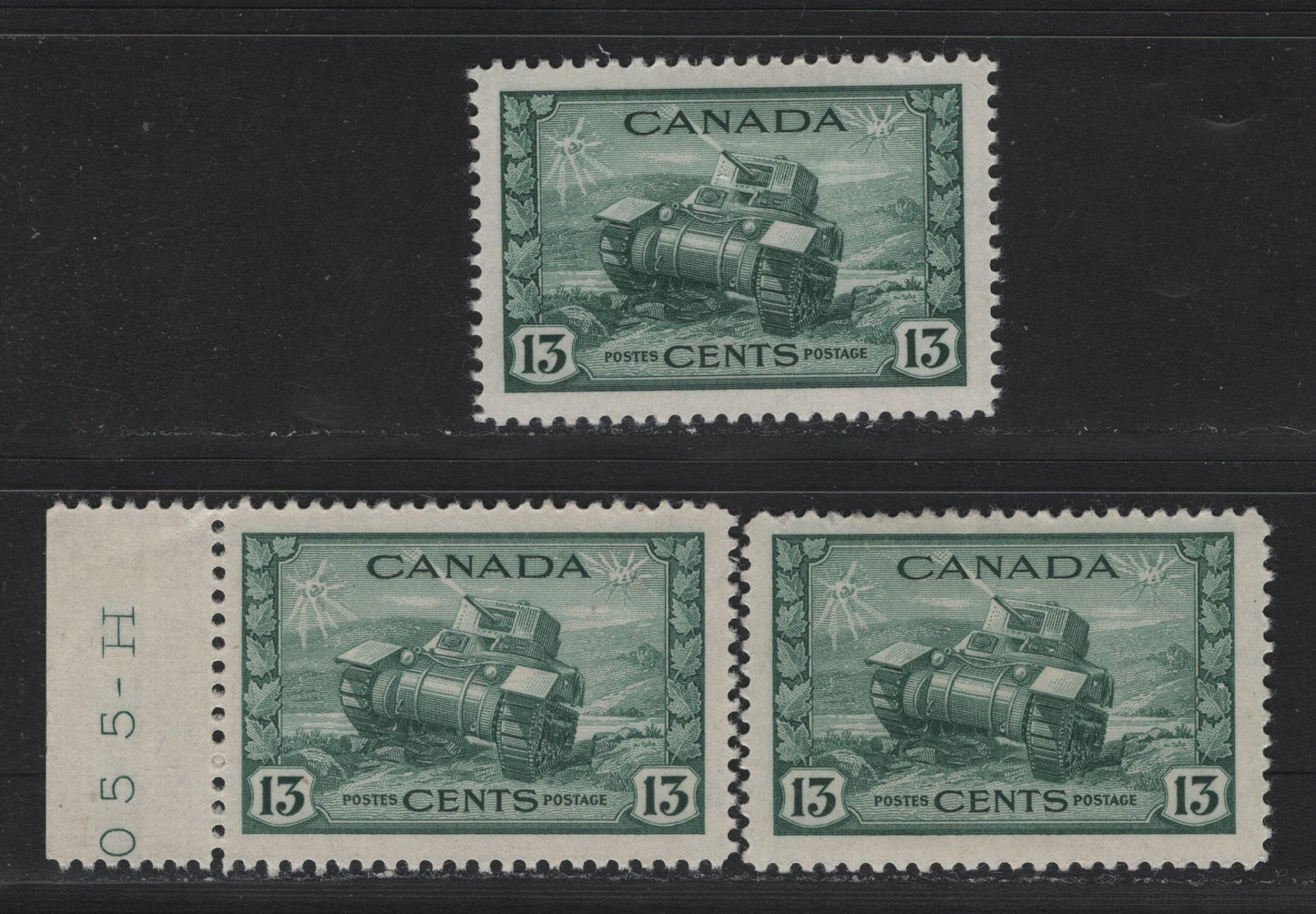 Lot 155 Canada #258 13c Myrtle Green Ram Tank, 1942-1943 KGVI War Issue, 3 VFOG Singles, CBN-QQQQ Paper, Perfs 12x11.9, 12x11.9 & 11.95