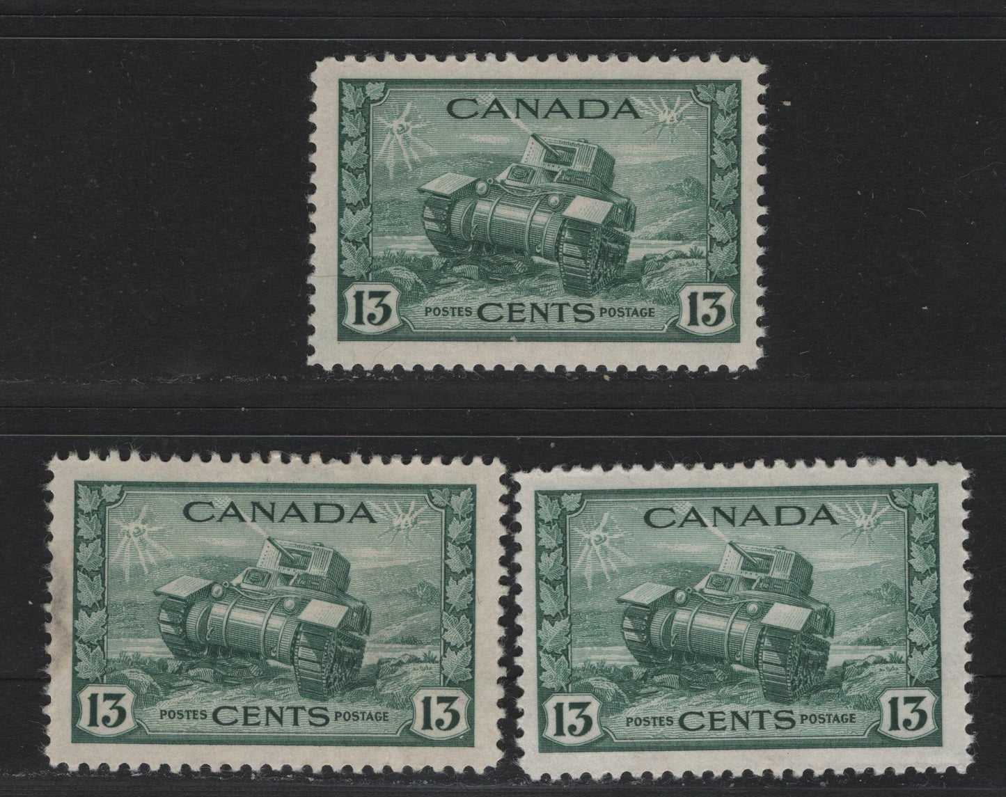 Lot 156 Canada #258 13c Myrtle Green Ram Tank, 1942-1943 KGVI War Issue, 3 F/VFOG Singles, CBN-SSSS, CBN-RRRR & CBN-PPPP Papers, Perfs 12.05x12, 12.05x11.9 & 11.95x12