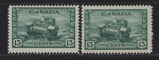 Lot 157 Canada (C) #258 13c Myrtle Green Ram Tank, 1942-1943 KGVI War Issue, 2 FNH Singles, CBN-TTTT & CBN-QQQQ Papers, Perfs 12 & 11.95x12